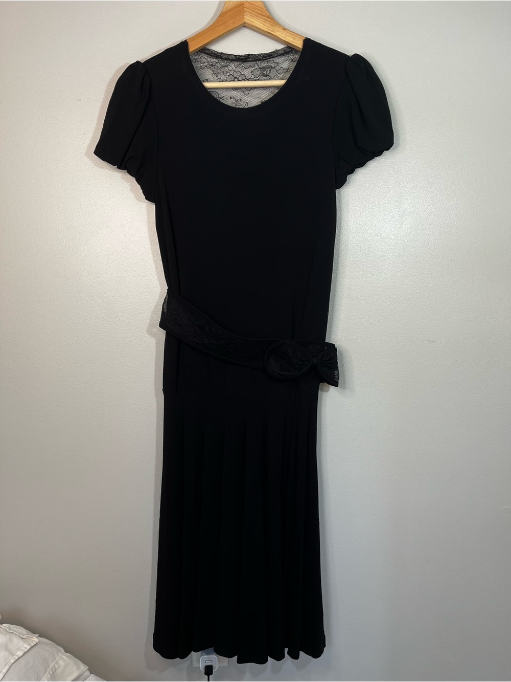 Red Valentino Black Lace-Back, Short-Sleeve Midi Dress with Lace Belt